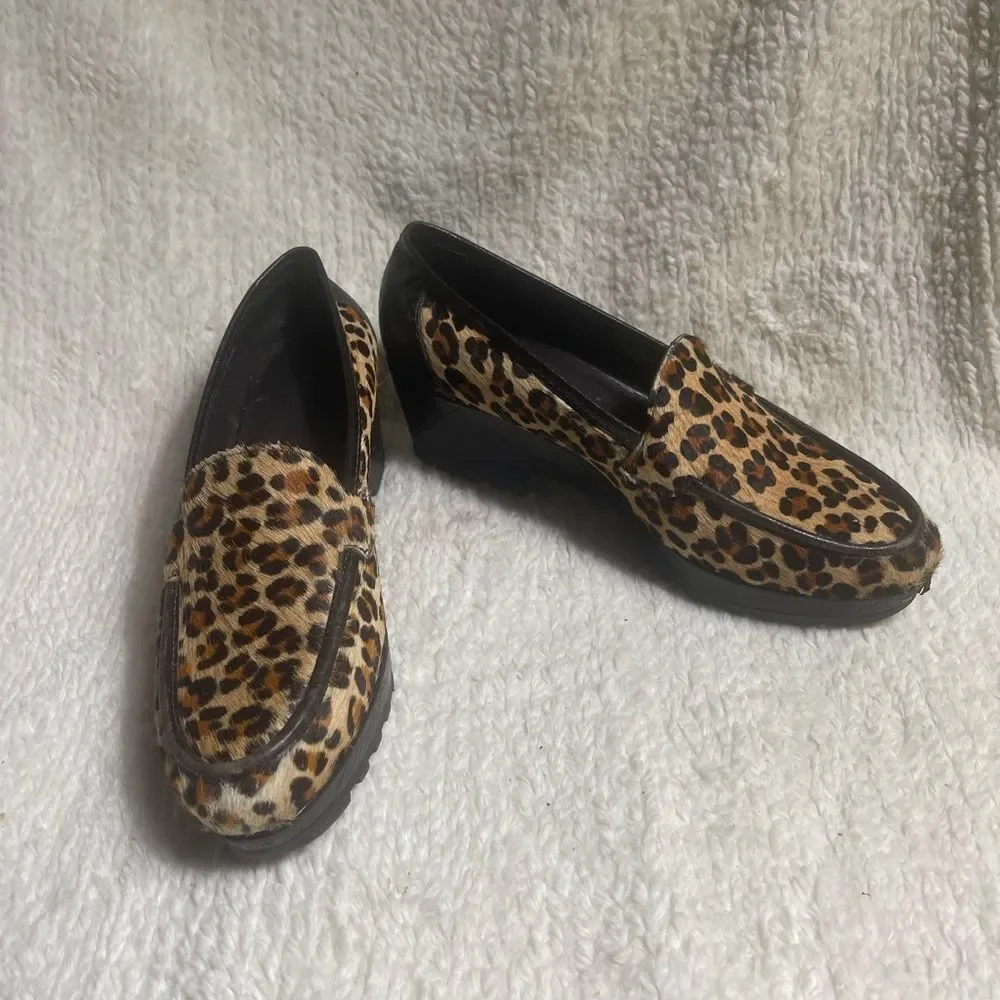 Donald J Pliner leather calf hair leopard Print Platform Slip-On Shoes SZ8.5M